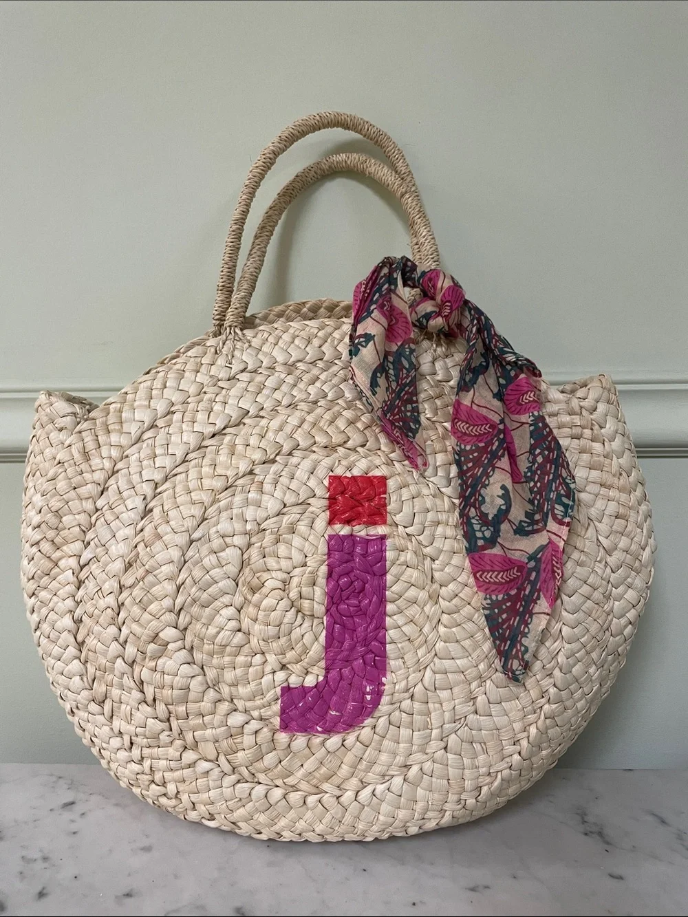 Maud Fourier Paris for Anthropologie  Round Straw Tote with Initial “J”